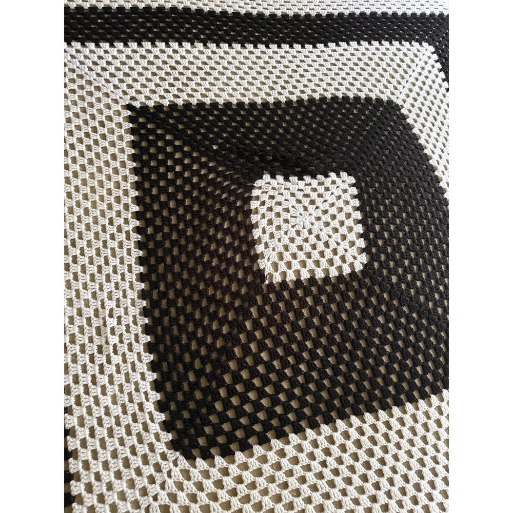 Afghan Crochet Blanket Handmade Granny Square Fringe Tassels Black / White84"x84